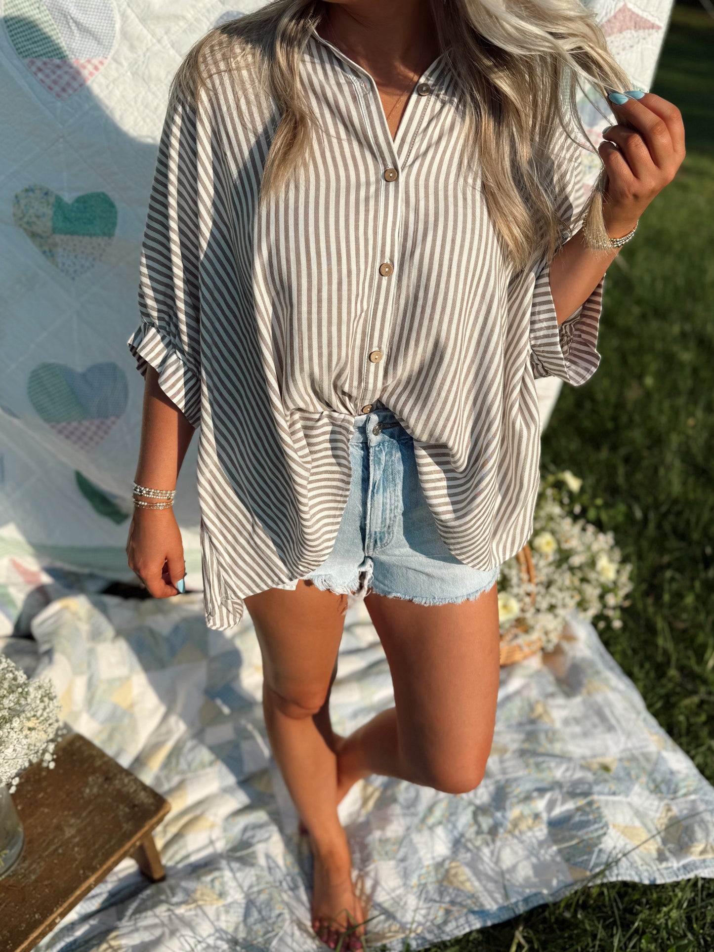 Plus Striped Button Blouse