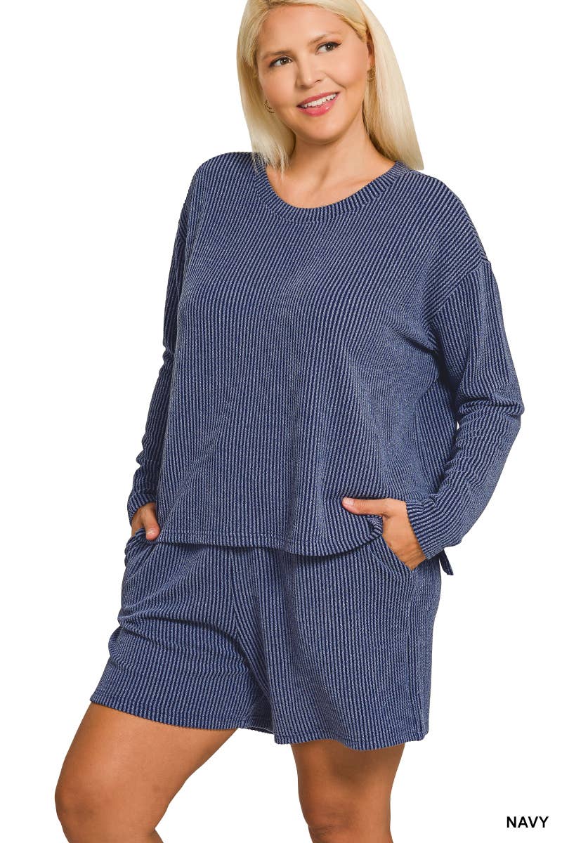 Plus Raised Rib Long Sleeve Tee And Shorts Set