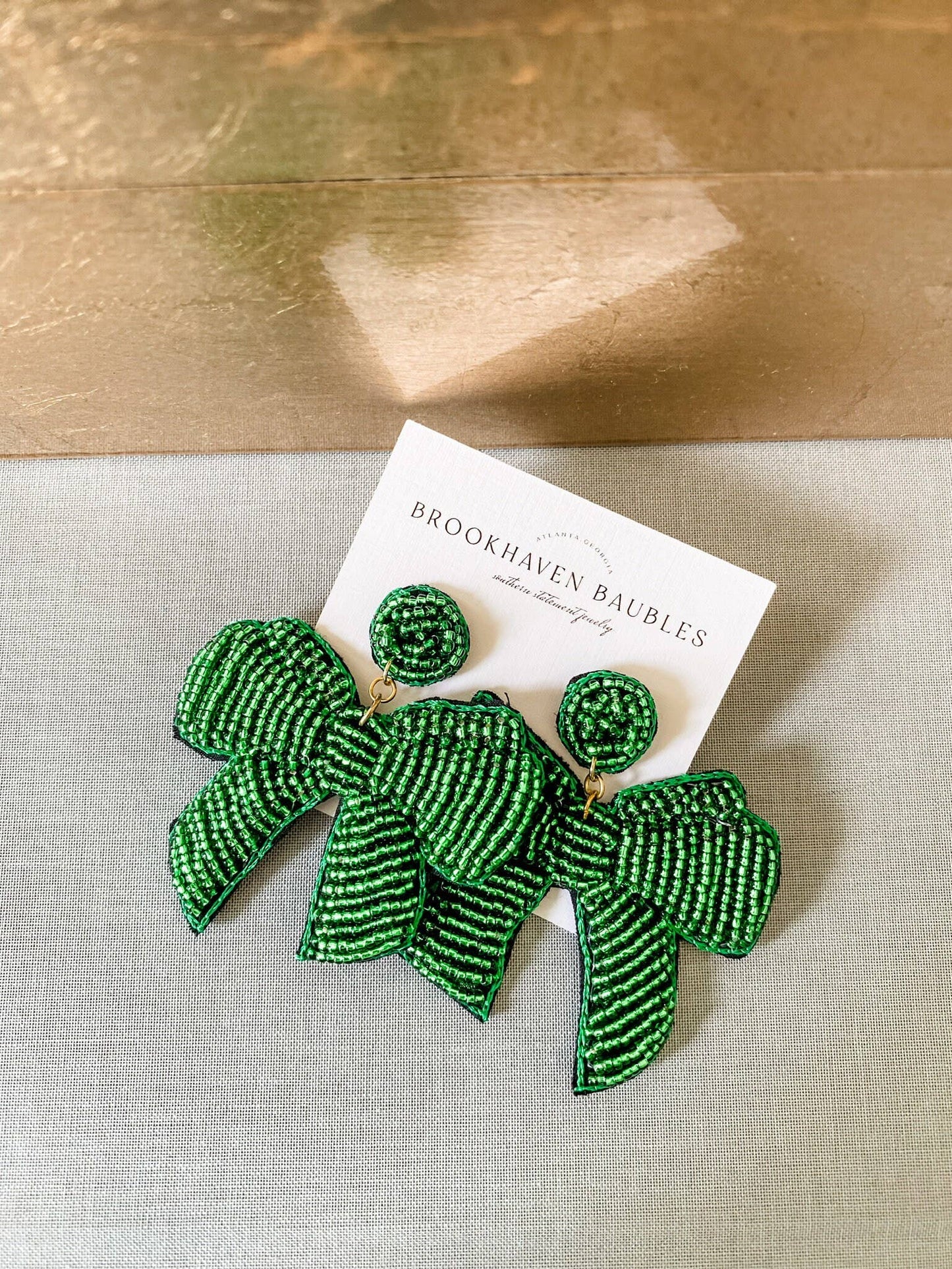 Green Christmas Bow Beaded Statement Earrings