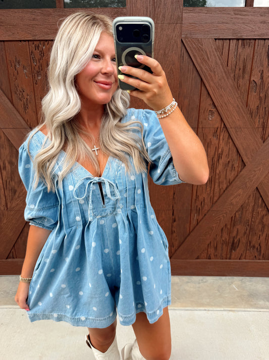 Polka Dot Pleated Denim Romper