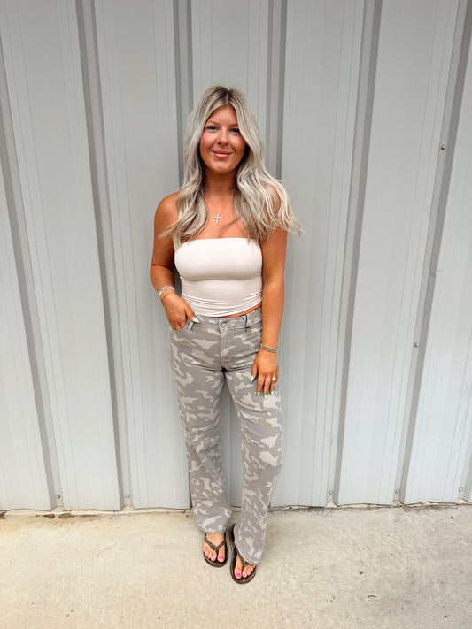 Tan Camo Mid Rise Jeans