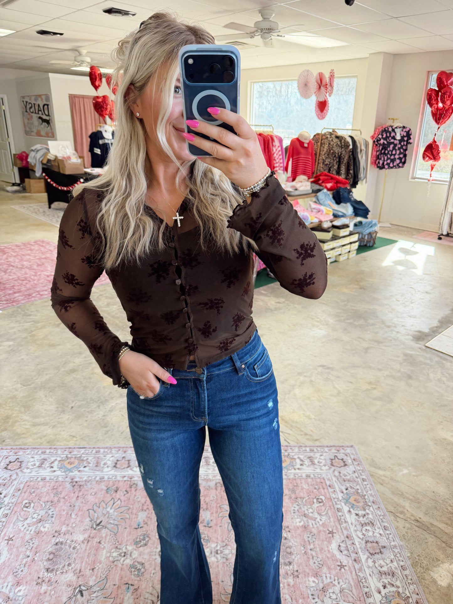 Floral Flocked Mesh Long Sleeve Top Button Blouse