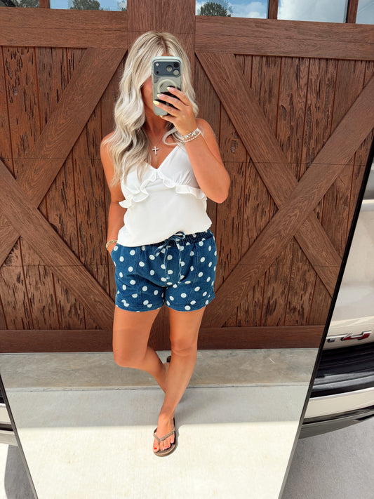 Polka Dot Drawstring Denim Shorts