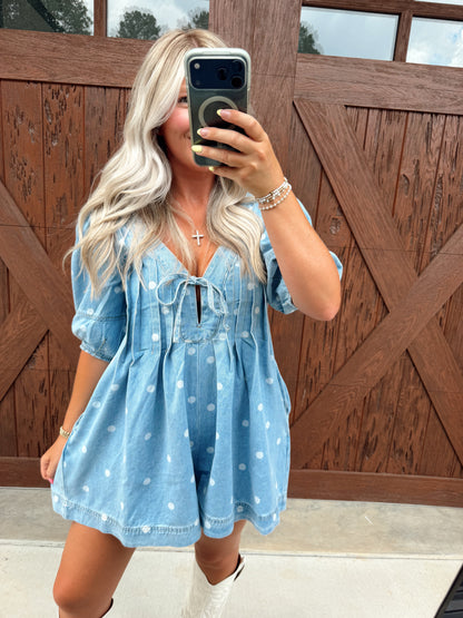 Polka Dot Pleated Denim Romper
