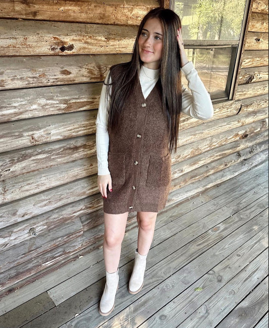 BUTTON DOWN V-NECK TEDDY KNIT LONG LINED VEST