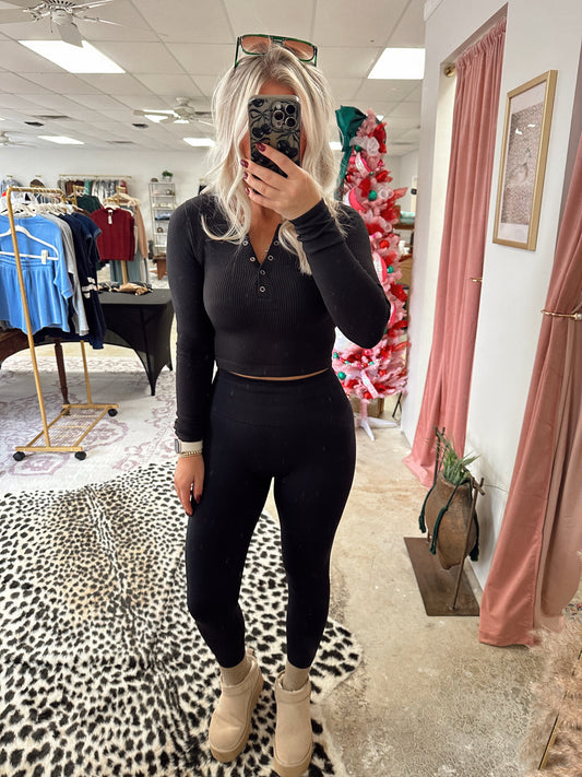 Ribbed Crop Henley Top