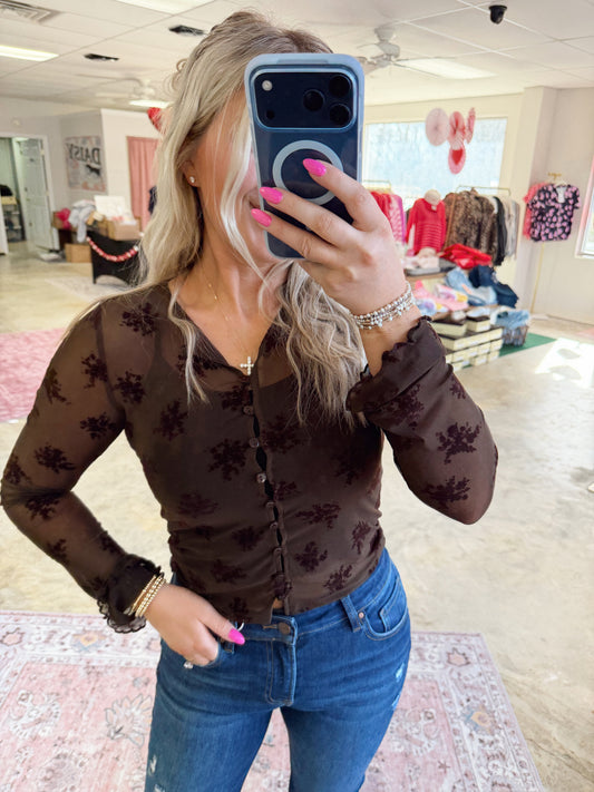Floral Flocked Mesh Long Sleeve Top Button Blouse