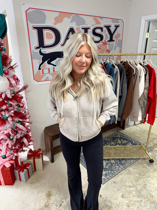 Acid Wash Fleece Cropped Zip Up Jacket