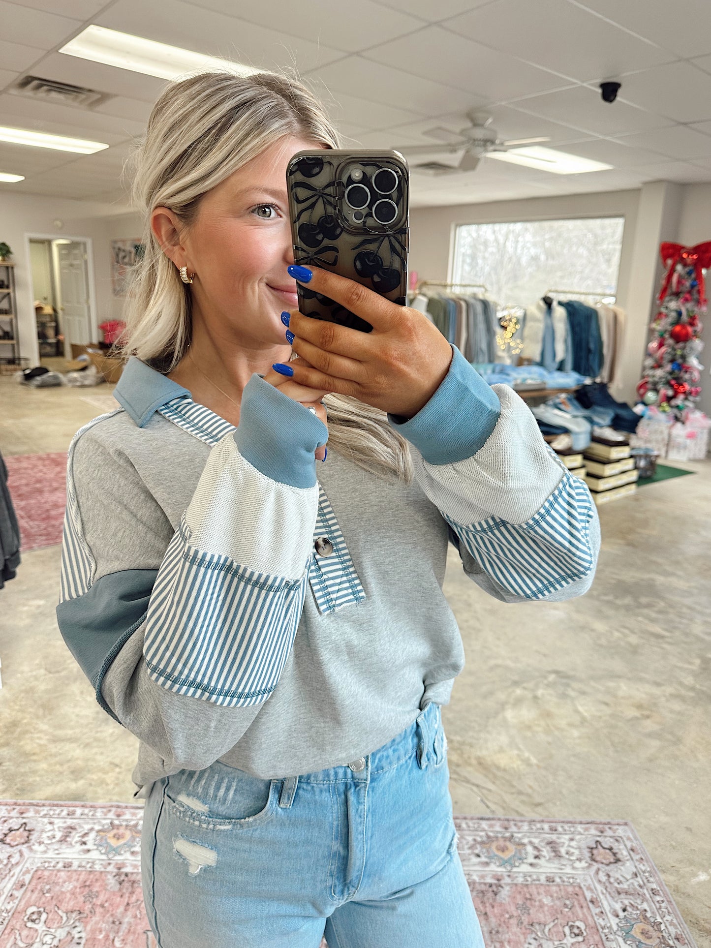 Grey Blue Collared Top