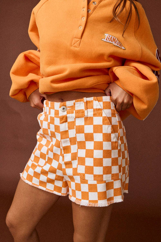 GAME DAY CHECKERED DENIM SHORTS