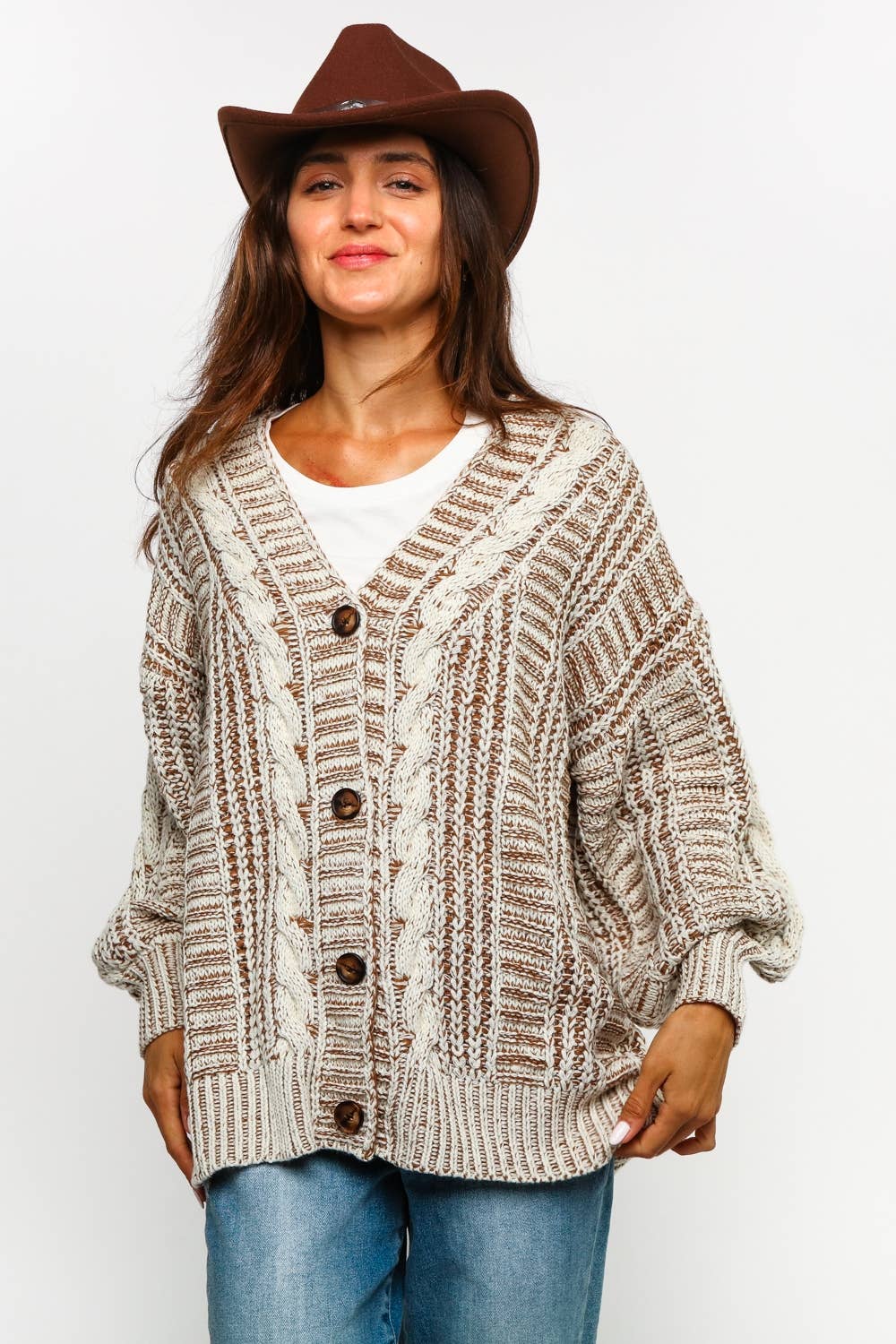 PLUS SIZE TWO TONE CABLE CHUNKYSWEATER CARDIGAN