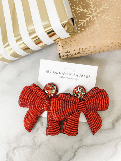 Red Christmas Bow Beaded Statement Earrings