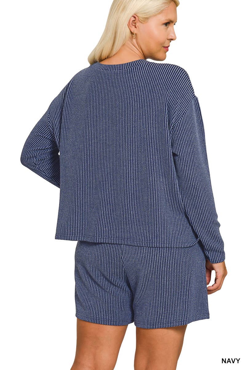 Plus Raised Rib Long Sleeve Tee And Shorts Set