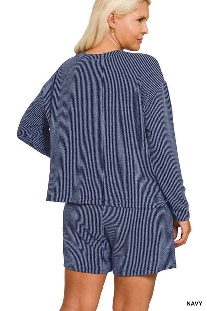 Plus Raised Rib Long Sleeve Tee And Shorts Set