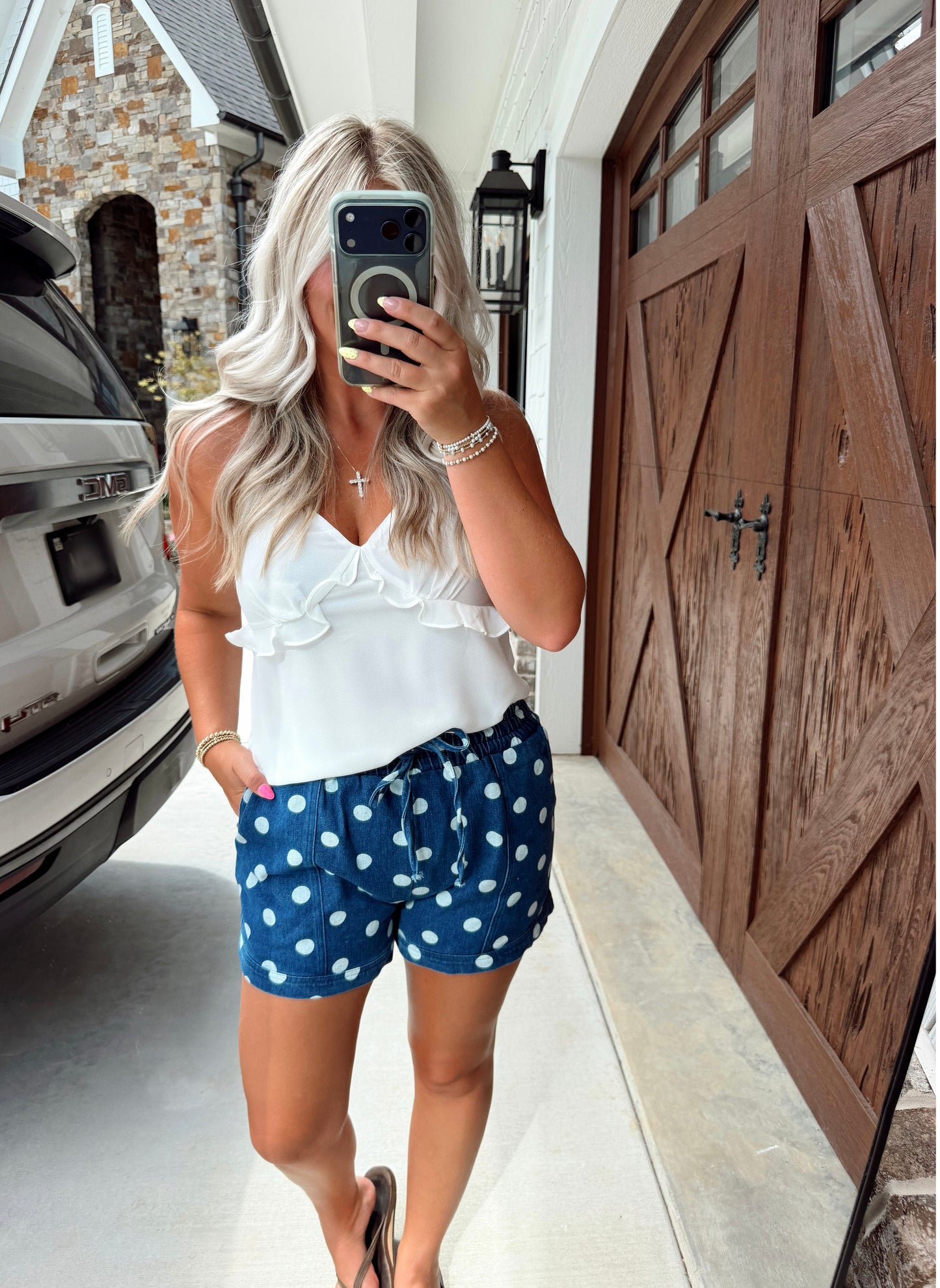 Polka Dot Drawstring Denim Shorts