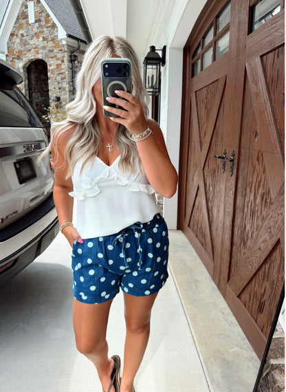 Polka Dot Drawstring Denim Shorts