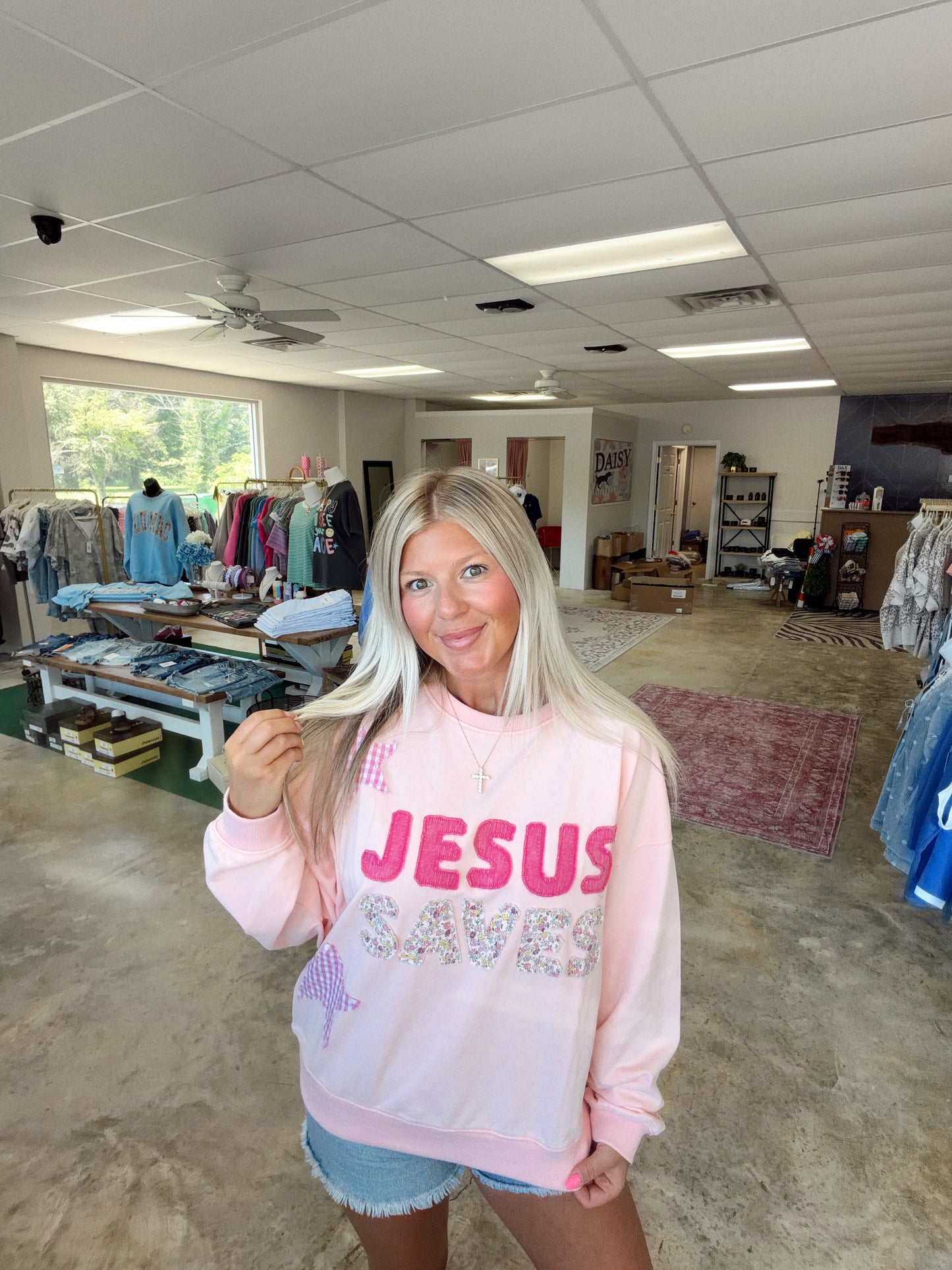 JESUS SAVES PATCHWORK CREW NECK SWEATSHIRT