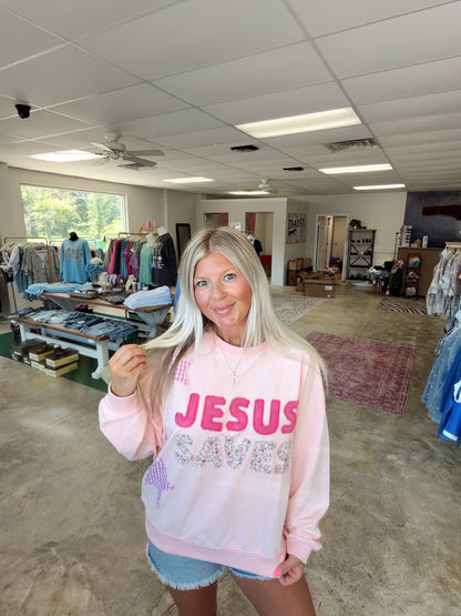 JESUS SAVES PATCHWORK CREW NECK SWEATSHIRT