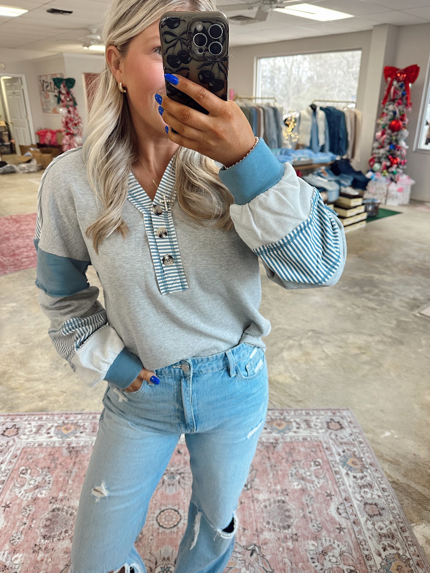 Grey Blue Collared Top