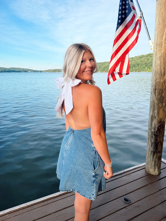 HALTER NECK DENIM DRESS