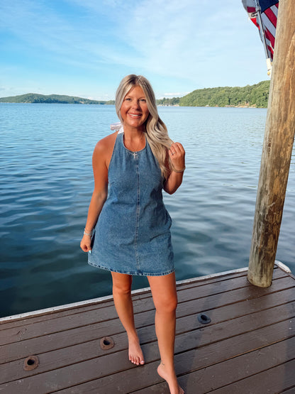 HALTER NECK DENIM DRESS