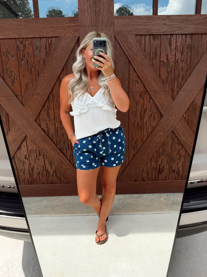 Polka Dot Drawstring Denim Shorts
