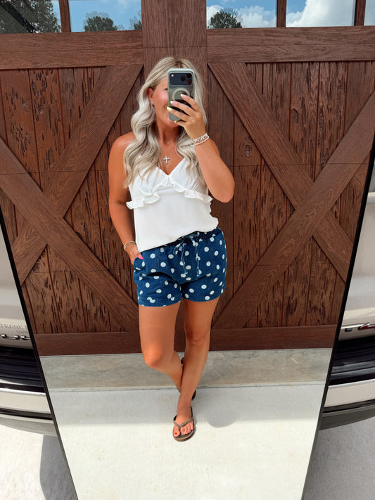 Polka Dot Drawstring Denim Shorts