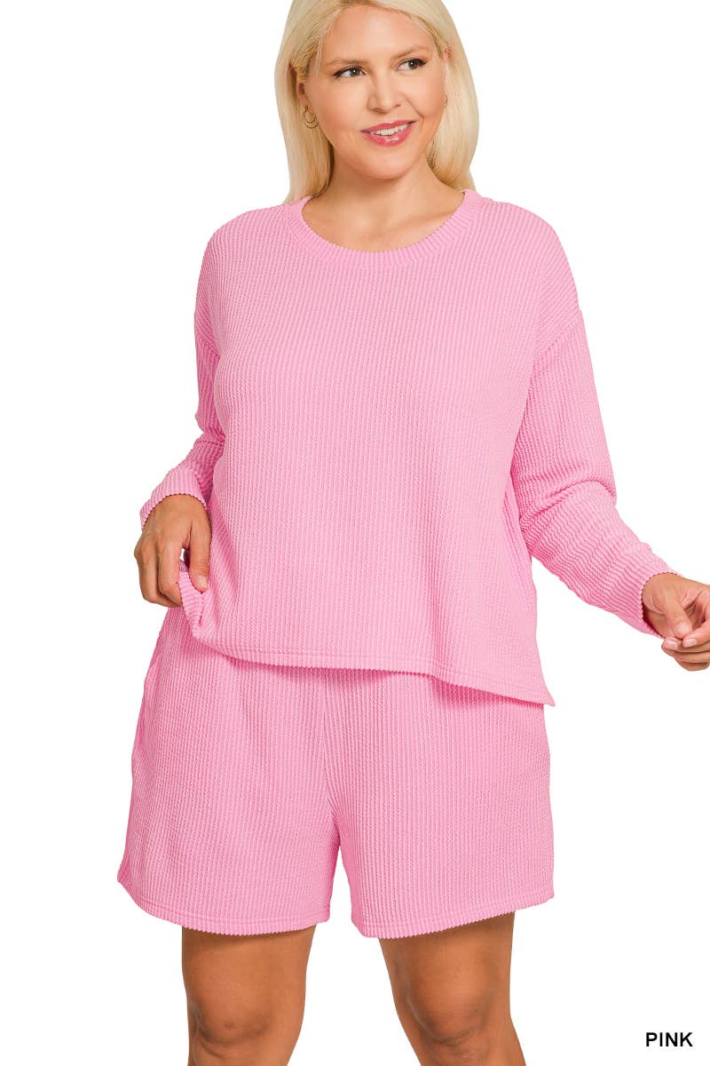 Plus Raised Rib Long Sleeve Tee And Shorts Set