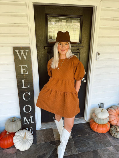 Quilted Puff Sleeve Babydoll Dress - CAMEL