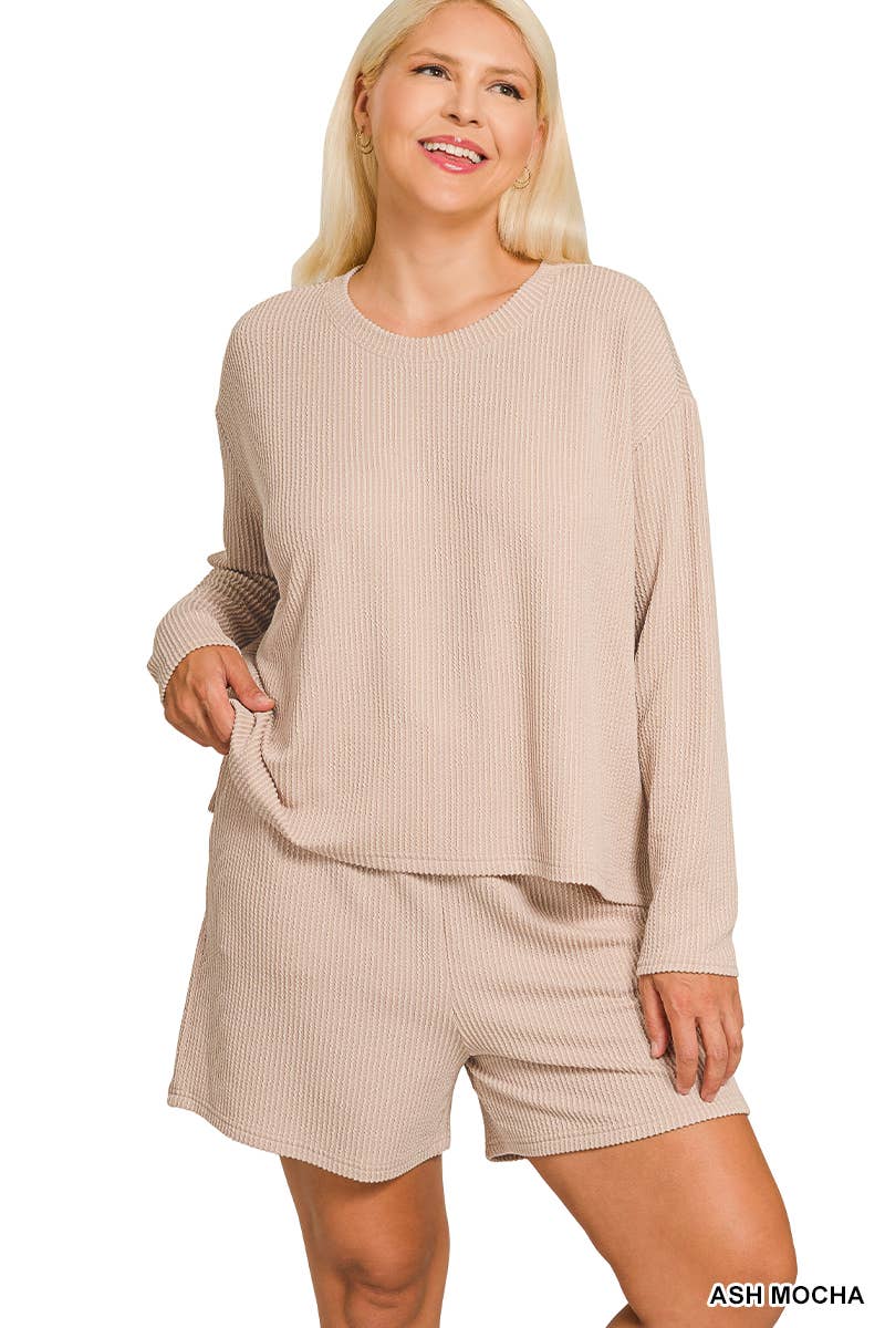 Plus Raised Rib Long Sleeve Tee And Shorts Set