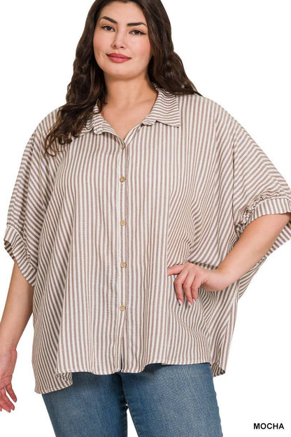 Plus Striped Button Blouse