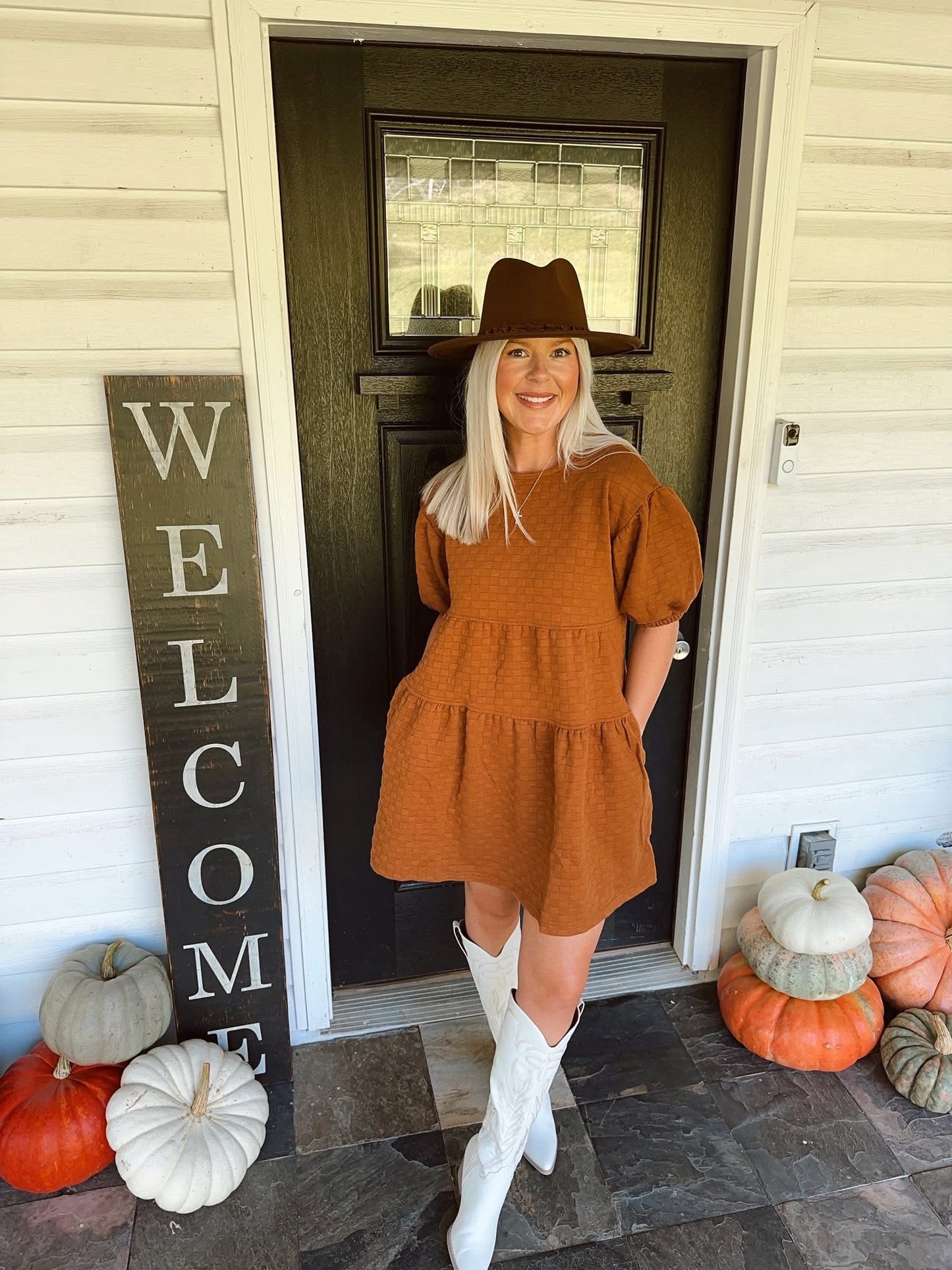 Quilted Puff Sleeve Babydoll Dress - CAMEL