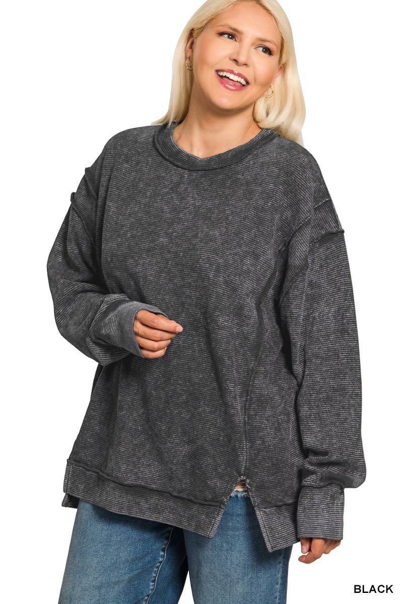 Plus Acid Washed Double Ribbed Pullover