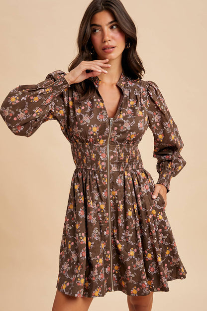 ZIPPERED FLORAL MINI DRESS