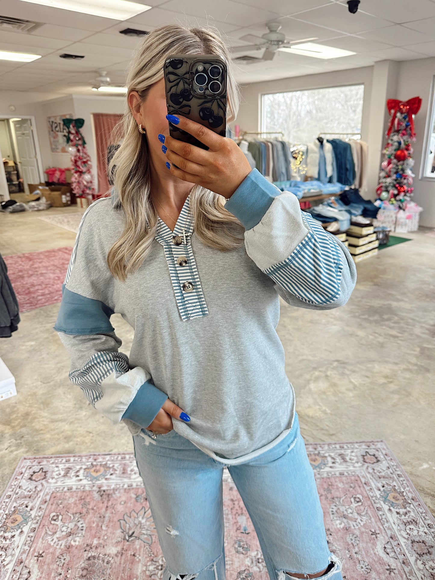 Grey Blue Collared Top