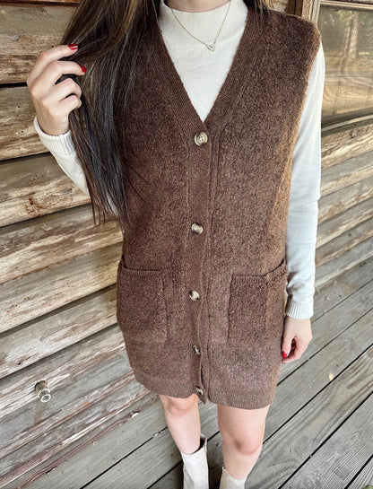 BUTTON DOWN V-NECK TEDDY KNIT LONG LINED VEST