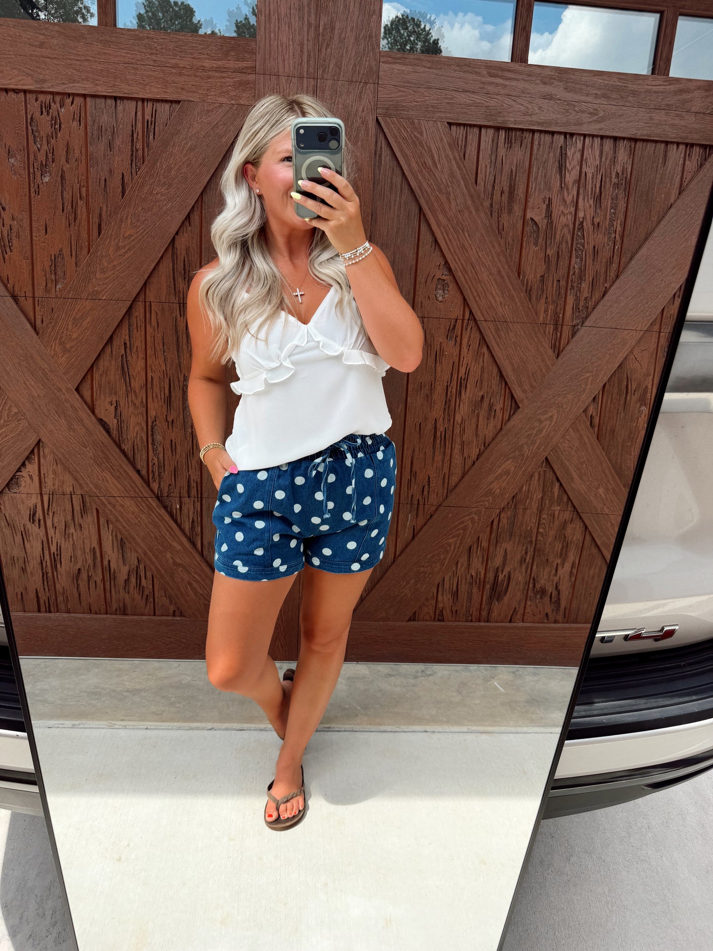 Polka Dot Drawstring Denim Shorts