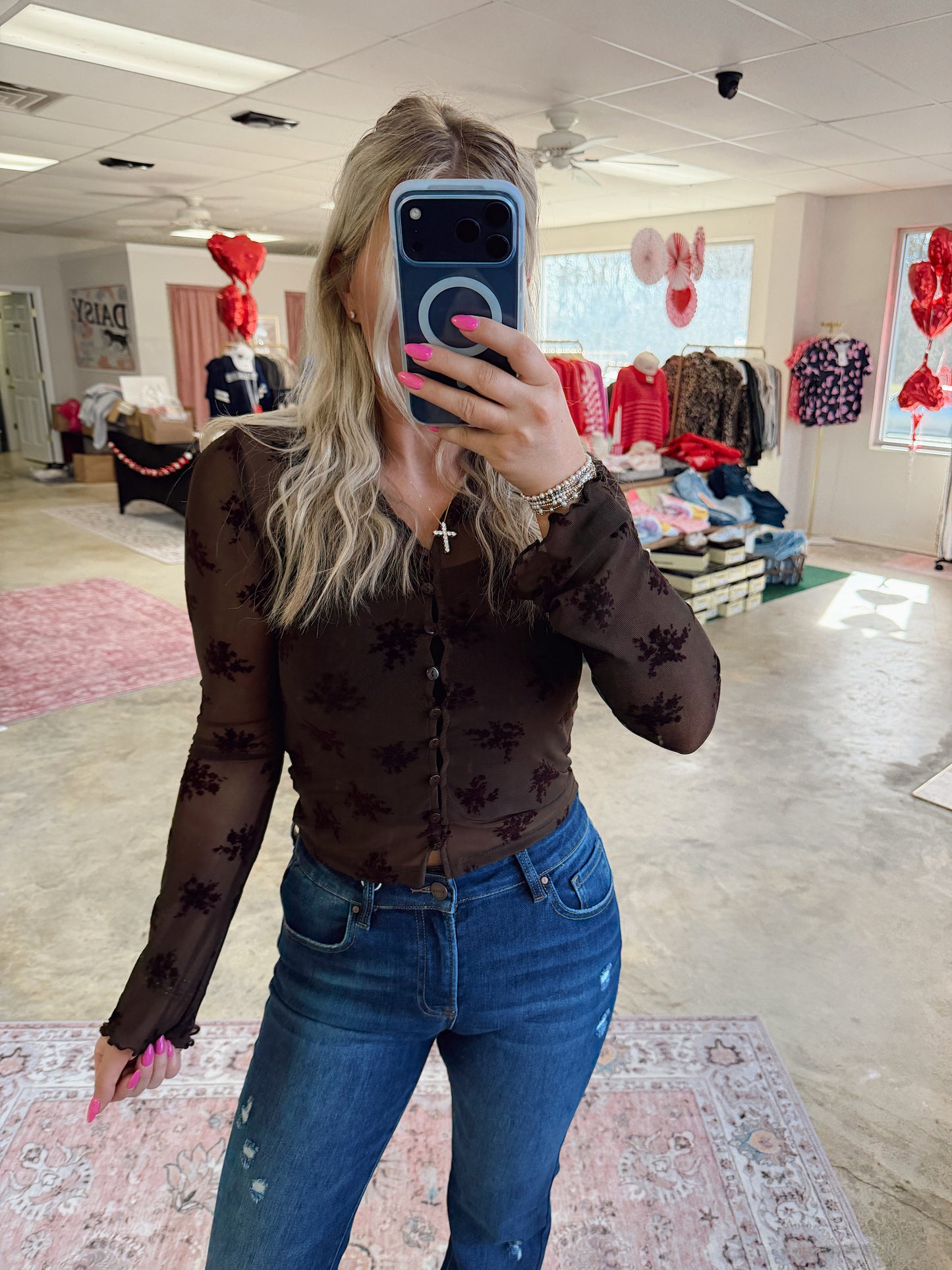 Floral Flocked Mesh Long Sleeve Top Button Blouse