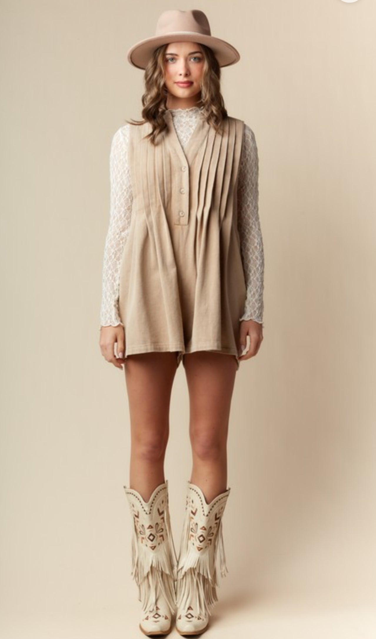 Beige Pleated Romper