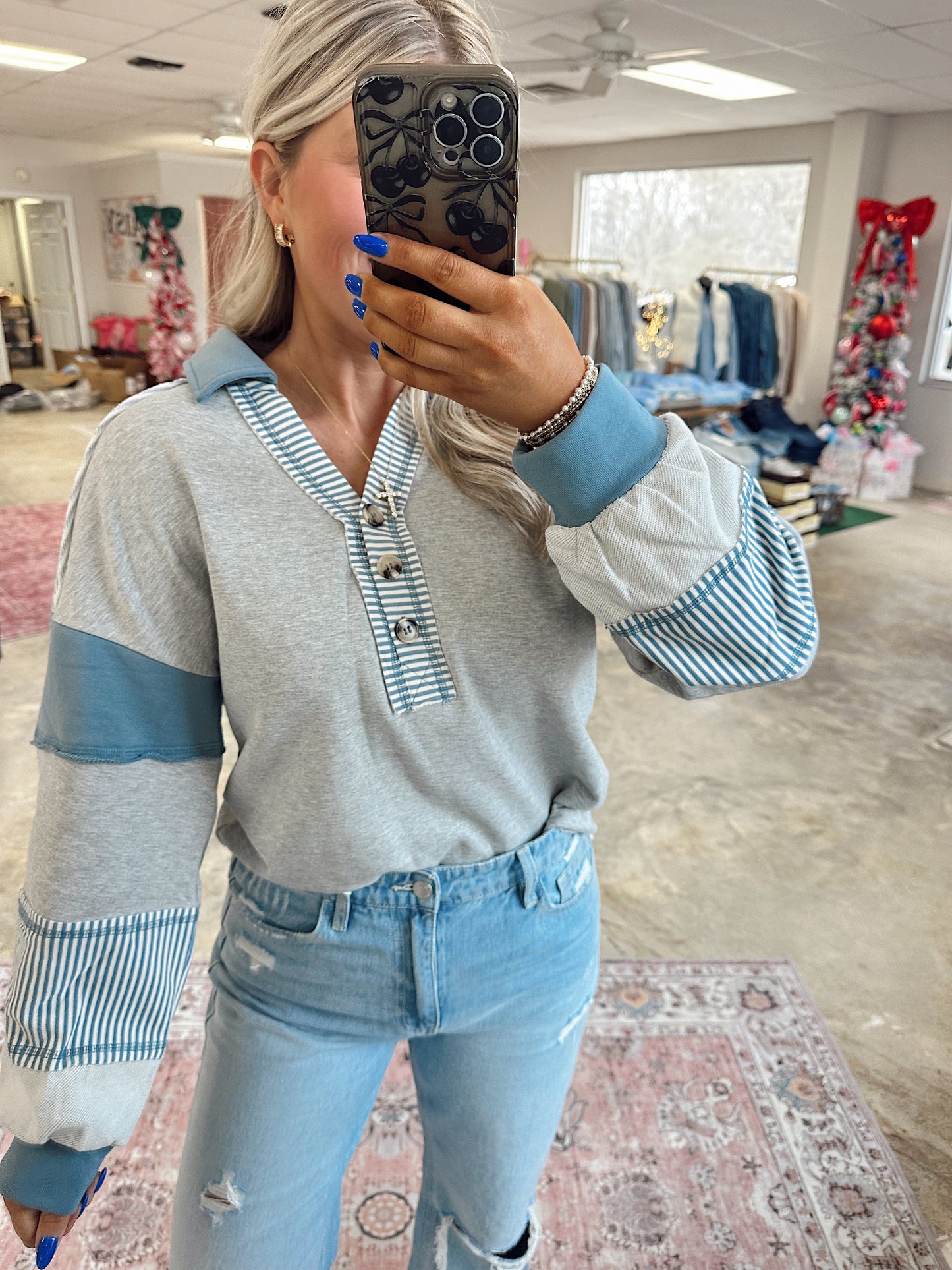 Grey Blue Collared Top