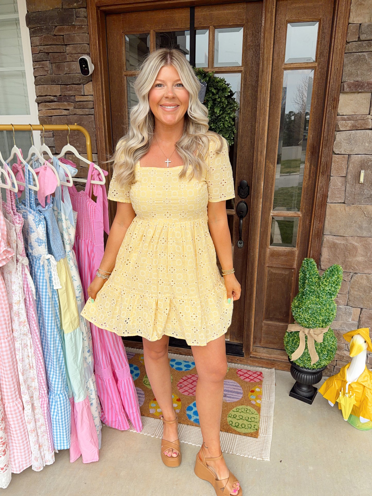 EYELET EMBROIDERED SHIFT MINI DRESS