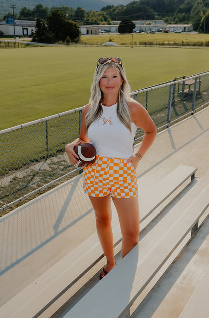 GAME DAY CHECKERED DENIM SHORTS