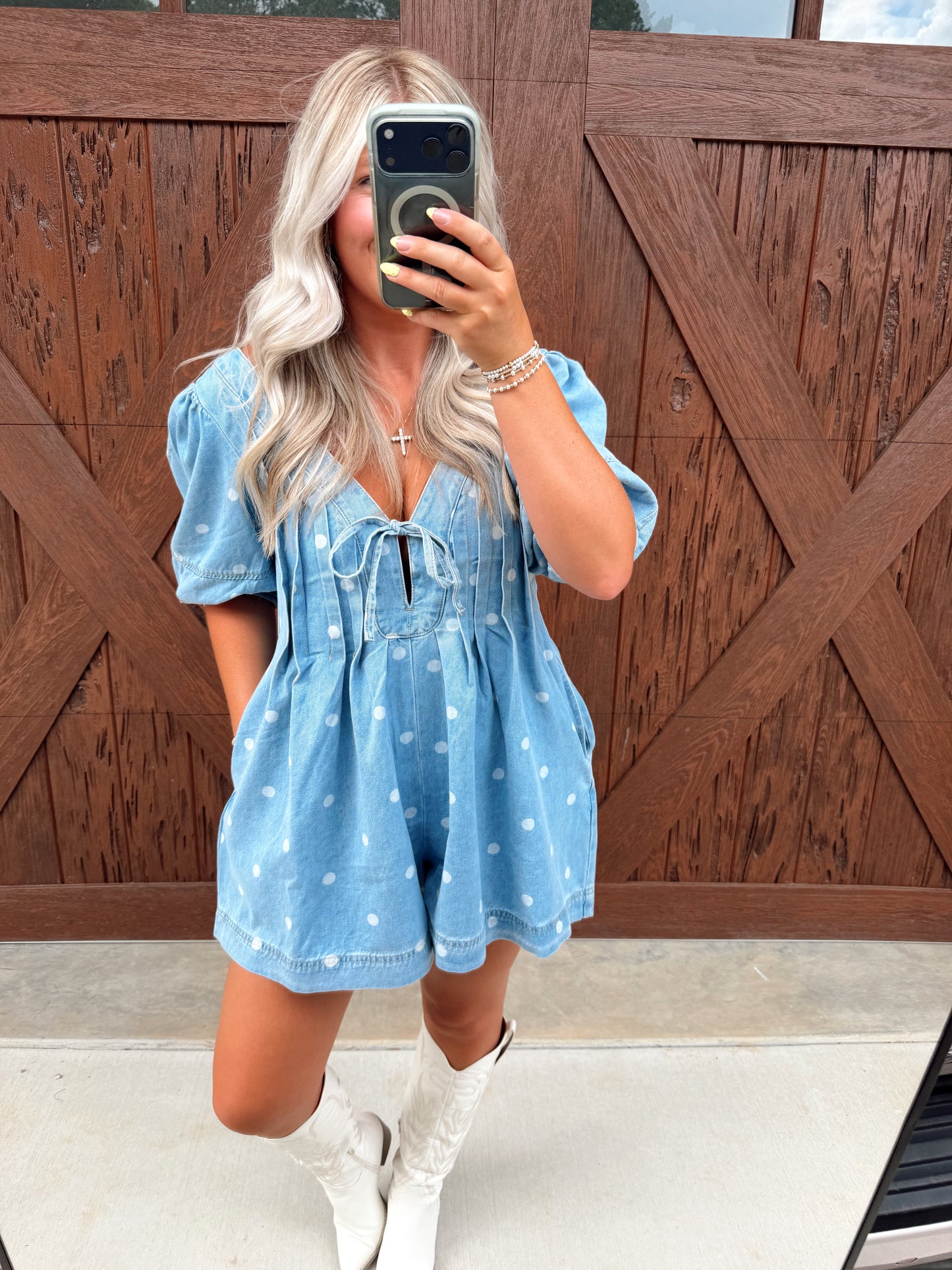 Polka Dot Pleated Denim Romper