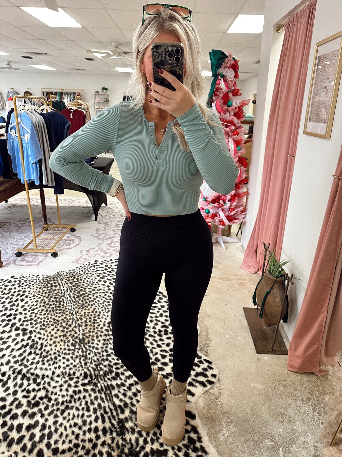 Ribbed Crop Henley Top