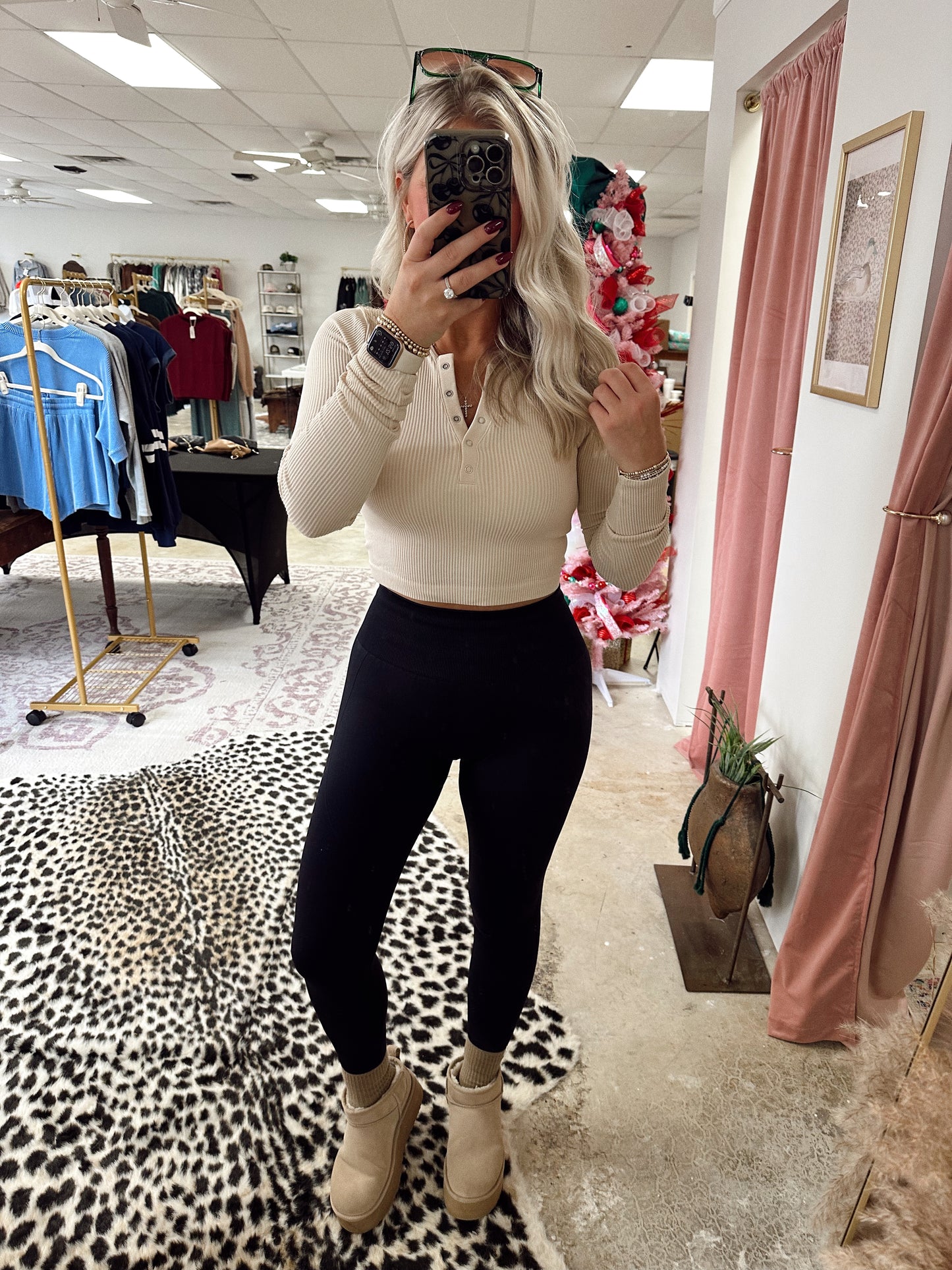 Ribbed Crop Henley Top