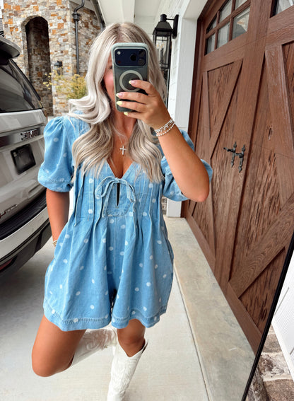 Polka Dot Pleated Denim Romper