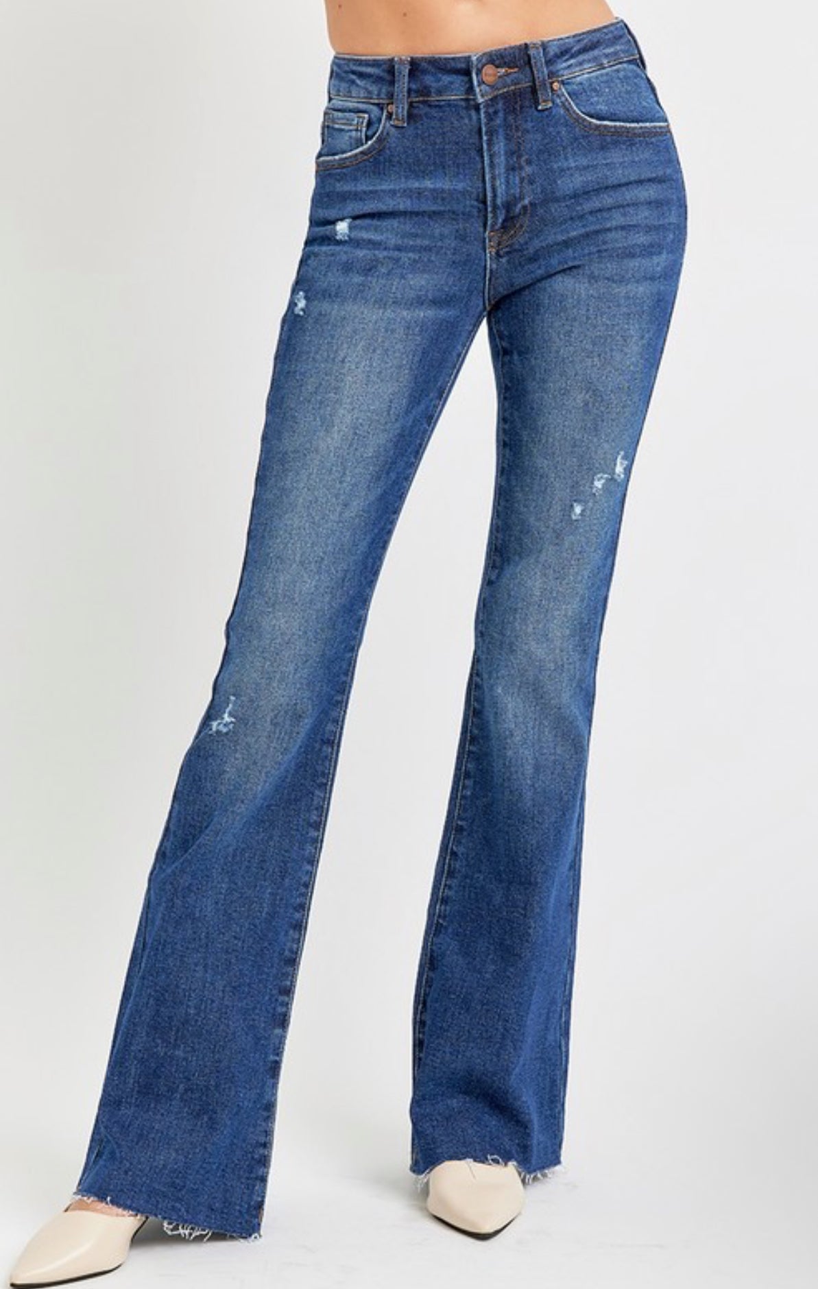 Dark Wash Mid Rise Flares – Daisy Outfitters