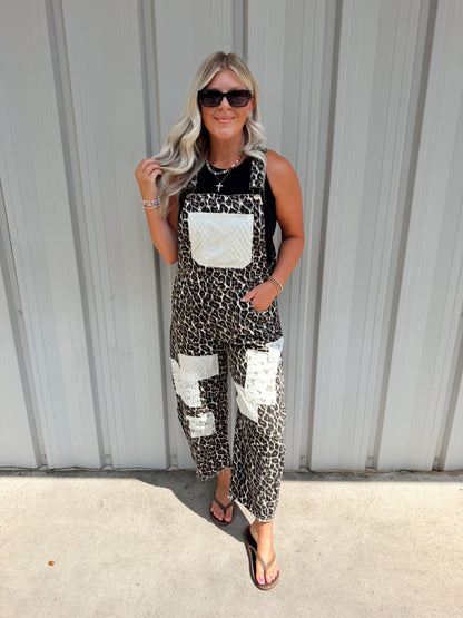 Leopard Print Patchwork Overalls