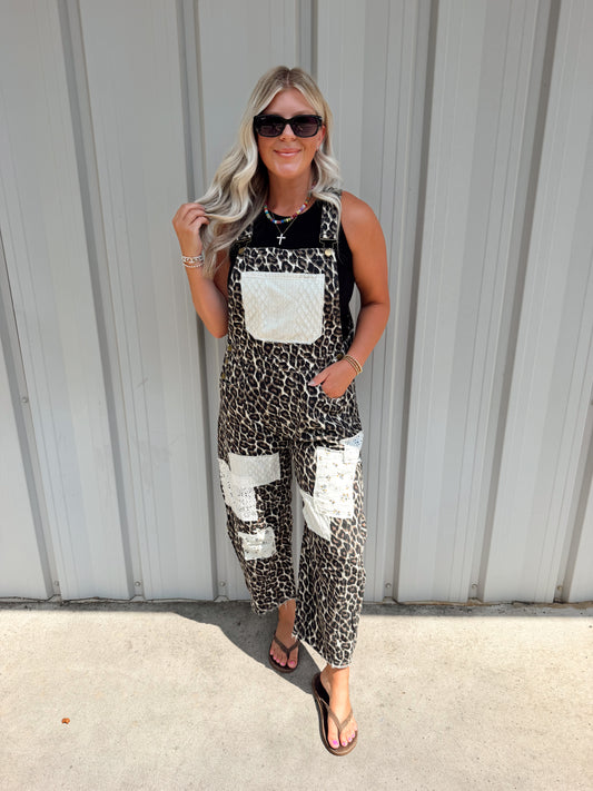 Leopard Print Patchwork Overalls