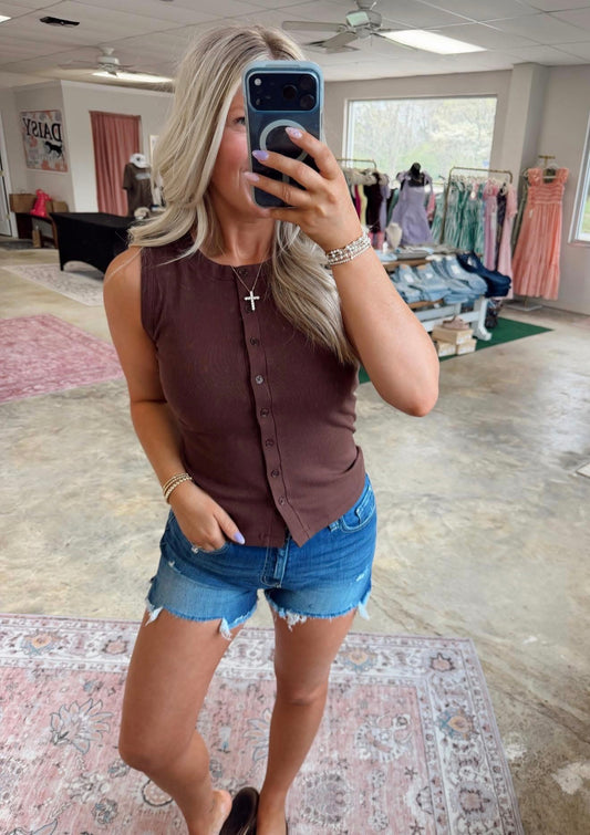 Ribbed Button Front Tank Top